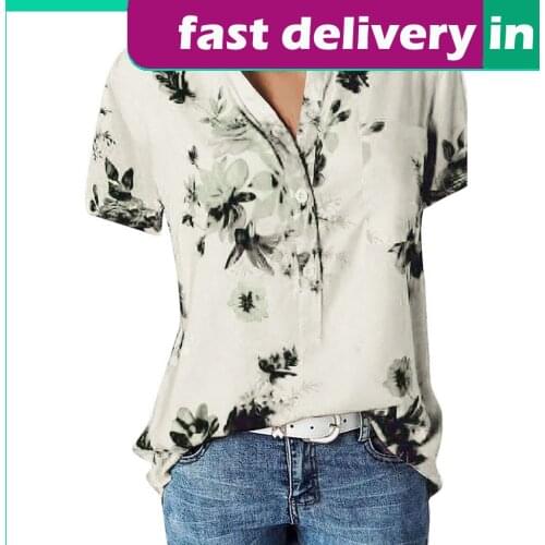 Women T Shirt Floral Printing Pocket Plus Size Short Sleeve Top T-Shirt V Neck Button Chiffon Vintage Elegant Casual Tshirts