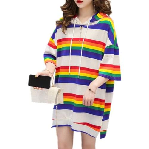 2020 Summer Women Hooded Rainbow Striped Printed T-Shirt Hip Hip Oversized Casual Drawstring Front Short Back Long Tshirts Top