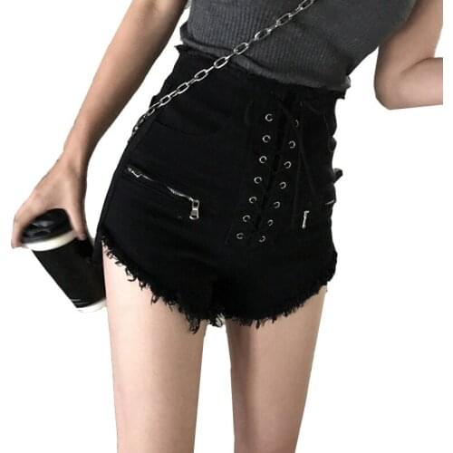 2019 Summer New Denim Shorts Women Fashion Sexy Tassel Straps Solid Slim High Waist Mini Shorts Black Female Shorts Jeans