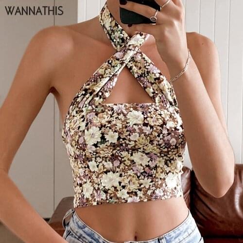 WannaThis Y2K Floral Print Backless Tops For Women Hollow Out Bandage Halter Sleeveless Summer Chic Sexy Casual Cropped Top 2021