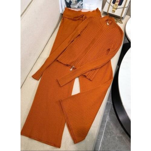 New ladies fashion 2021 wool stand collar zipper knit suit top + trousers 2-piece set 1112