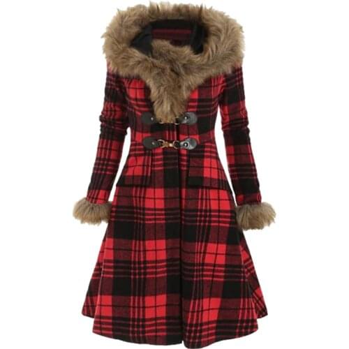 AECU Warm Womens Woolen Hoodies Fur Long Sleeved Female Coat Classic Plaid Coat With Pocket Chic Female Windbreaker Outwear