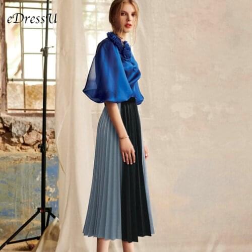 2019 Pleated Skirt High Quality Vintage Blue Midi Skirt Elegant Fashion Autumn High Waist Skirt Party Streetwear eDressU QS-2053