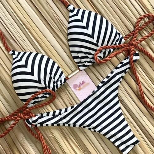 Sexy Split Striped Bikini Two Piece Fashion Plaid Staggered Swimsuit Female Swim Wading Drawstring Strap Beach Suit thong bikini