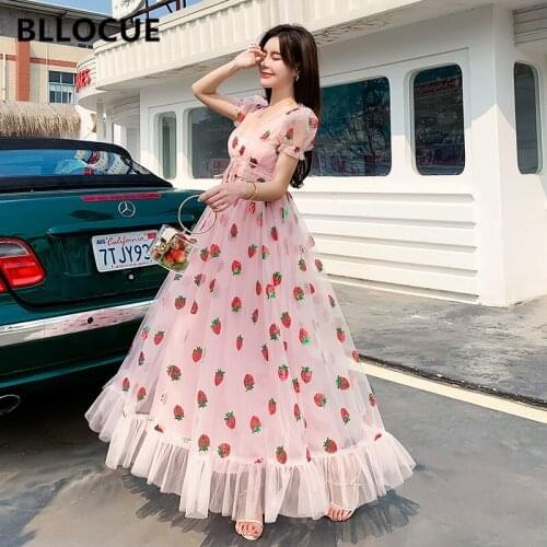 BLLOCUE Summer Pink Strawberry Sequined Embroidery Ruffled Lace-Up Long Dress Women V-neck Puff Sleeve Mesh Holiday Maxi Dress
