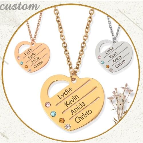 Customized Engraved 4 Names heart shape Pendant necklace Personalized Family stainless steel Necklaces Jewelry choker accessory