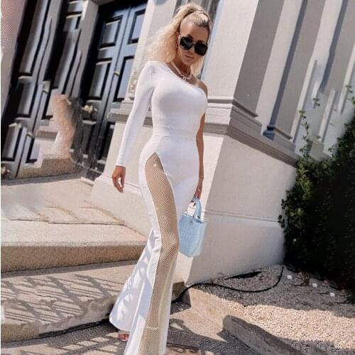 Female Mesh Splicing Jumpsuit Streetwear Summer Solid Color One Shoulder Long Sleeve See-Through Jumpsuits for Ladies