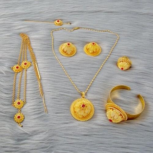 6pcs/lot Dubai Jewelry Set for Women Ethiopian Gold Pendant Chain Earings Ring HairPin Eritrea Africa Habesha Wedding Gifts