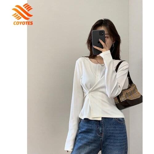 COYOTES T-Shirts Womens Spring O-Neck Long Sleeve Solid Side Button Cardigan Korean Style Slim Casual Tops Outer Wear All-Match