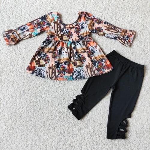 Baby girl fashion hot sale style country style bull head print ruffled long-sleeved blouse black trousers girl boutique clothing