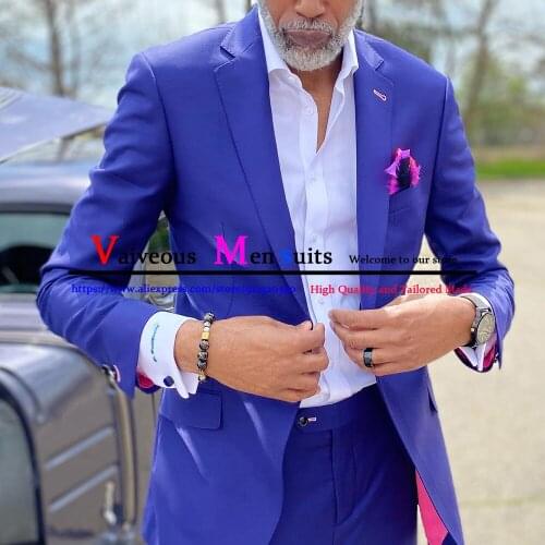Fashion Royal Blue Men Suits Slim Fit Party Prom Gown Groom Tuxedos Blazer 2 Piece Jackets Pants Male Business Casual Blazers
