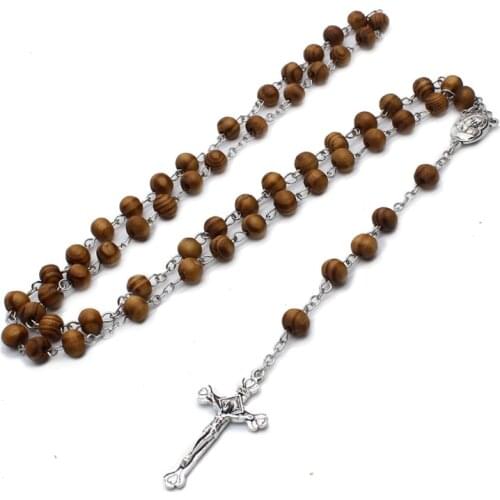 QIGO Long Wood Beads Cross Rosary Necklace Religious Jesus Prayer Jewelry Gift For Men Women