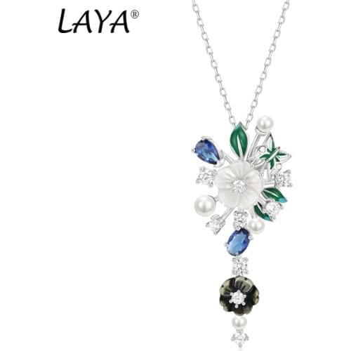 Laya 925 Sterling Silver Fashion Natural Shell Flower Green Leaf Enamel High Quality Zircon Necklace For Women Wedding Jewelry