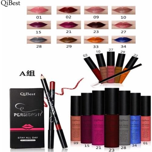 QiBest Professional Lip Makeup Kit 12Colors Matte Liquid Lipstick+12 Colors Lipstick Pencil+12 Lip Brush Colorful Cosmetics Tool