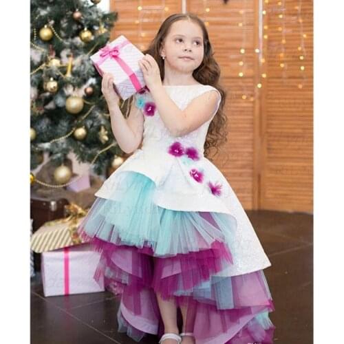 Rainbow Flower Girl Dresses Jewel Neck Sequins Pearls Feather Girls Pageant Dress High Low Birthday Gowns