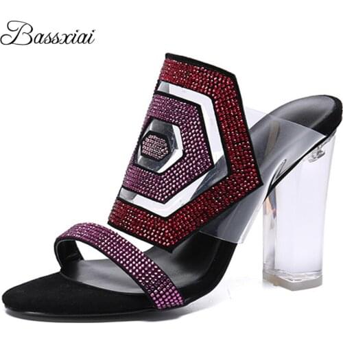 Diamond Hexagon PVC Transparent Sandals Women Clear Crystal Chunky Heels Sexy Open Toe Slingbacks Runway Mules