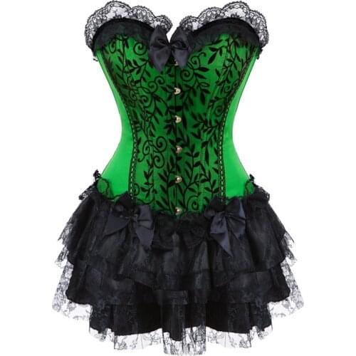 Sapubonva Corset Dress Lace Bustier Skirts Top Set Sexy Women Gothic Victorian Lolita Costume Vintage Lingerie Plus Size Green