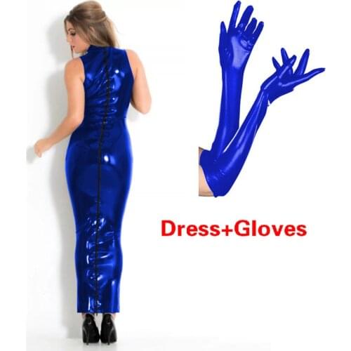 Sexy Faux Leather Dress Women Sleeveless Bodycon Zipper Back Long Dress With Five Fingers Long Gloves Novelty Clubwear Plus Size