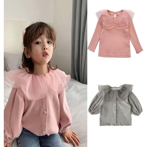 Girls Mesh Lace Collar Shirt Cute Sweet Long Sleeve Lapel Tops Knitted Pullovers Ruffle Collar Shirt Kids Autumn Princess Top