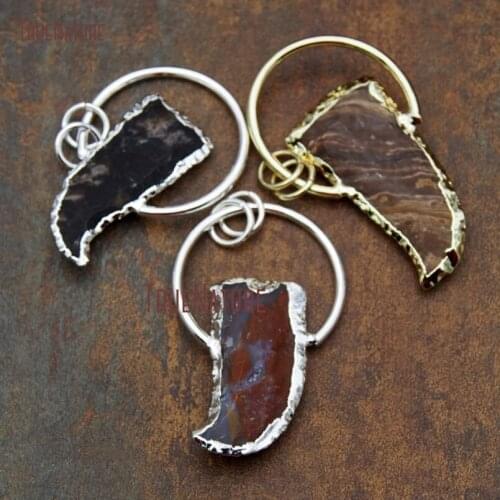 Tibetan Style Horn Tusk Charm Handmade Hammered Copper Hoop Pendant Jaspers Nature Stone Pendant 50*23 mm PM9613