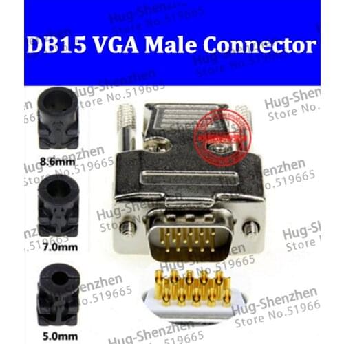 Top D-Sub 15-pin DB15 VGA 3 row gold plate plug (male) solid pin module + removable metal shell cover housing