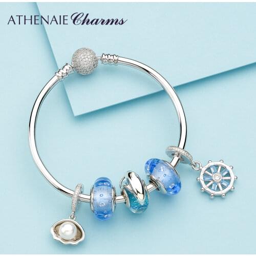 ATHENAIE 925 Sterling Silver Ocean Themed Charms Bracelet with Murano Glass Beads For Women Girl Valentine'Day Birthday Gifts