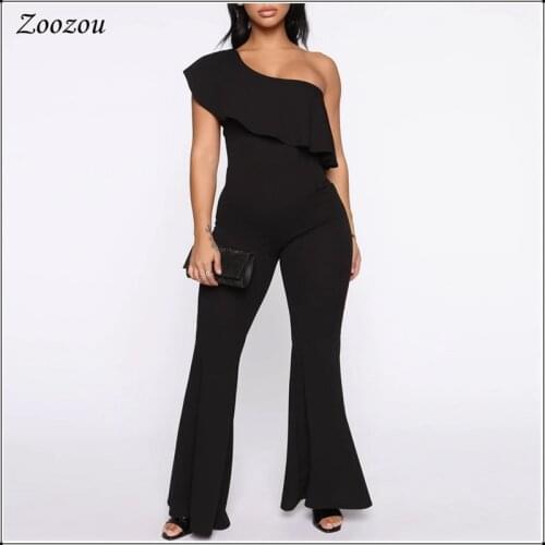 Plus Big Size Women Sexy Ruffles One Shoulder Jumpsuit Black Asymmetrical Ruffle Wide Leg Jumpsuit Female Flare Romper Custom