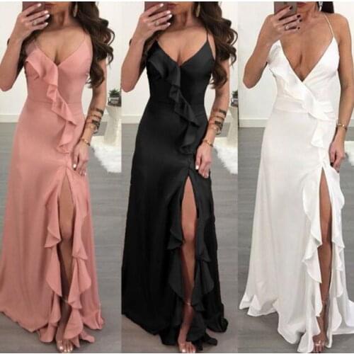 Women Ruffle Dress Elegant Backless Split Maxi Long Dress 2021 Summer V Neck Sexy Dress Vestidos