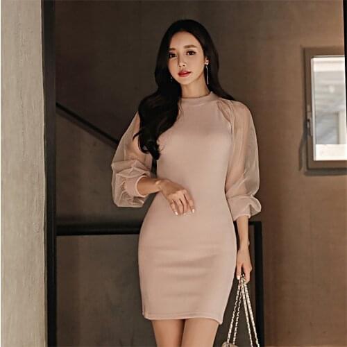 2020 Spring Dresses Office Elegant Vintage Sexy Party Mini Dress Pink Mesh Patchwork Lantern Sleeve Bandage Women Dress Vestidos
