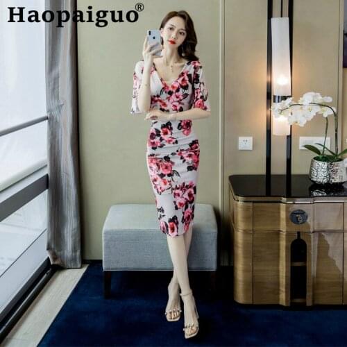 Flare Sleeve Print Floral Dress Women Flare Sleeve V-neck Midi Dress Women Casual Flower Dress Summer 2019 Robe Femme Ropa Mujer