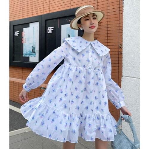 2021 Autumn Modern Chic Girl Long Sleeve Korean Dress Women Floral Print Ruffle Lantern Puff Sleeve Loose Kawaii Dress