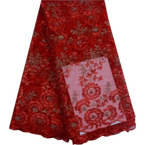 2018 Red Embroidery Mesh Tulle Lace Fabric 5 Yards Flower Pattern Beaded African Lace Fabrics Wholesale For Wedding Party 1031
