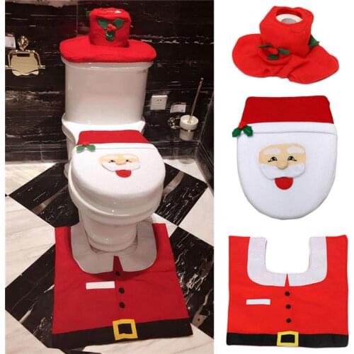 3PCS Christmas Bathroom Set Cute Contour Mat Toilet Seat Cover Toilet Tank Cover Toilet Seat Cover Rug Home Decoration
