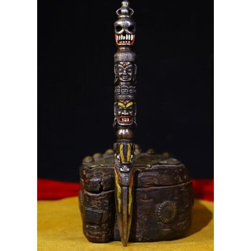 8" Tibet Buddhism Old Tiantie Tracing Mahakala head statue Skeleton Head Dorje Vajra Phurpa Ward off evil spirits Town House