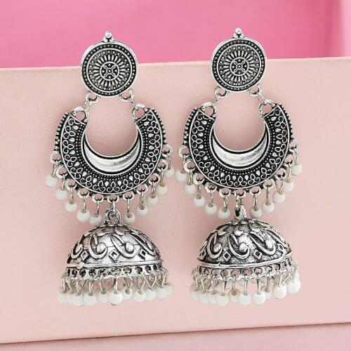 Afghan Silver-Color Turkish Bells Indian Jhumka Earrings Womens Vintage Turkey Bohemian Beads Tassel Earrings Gypsy Jewelry