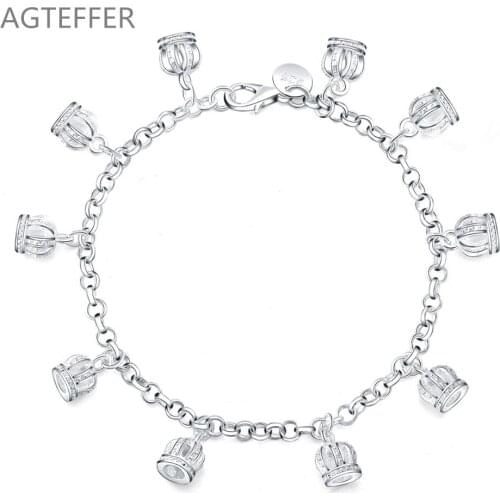 AGTEFFER 925 Sterling Silver Crown Pendant AAA Zircon Bracelet For Women Wedding Engagement Party Fashion Jewelry