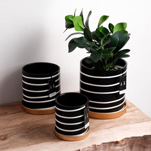 Home GardenNordic Minimalist Black&White Striped Ceramic Pots High Quality Round Pots Literary Green Plant Pots With Trays