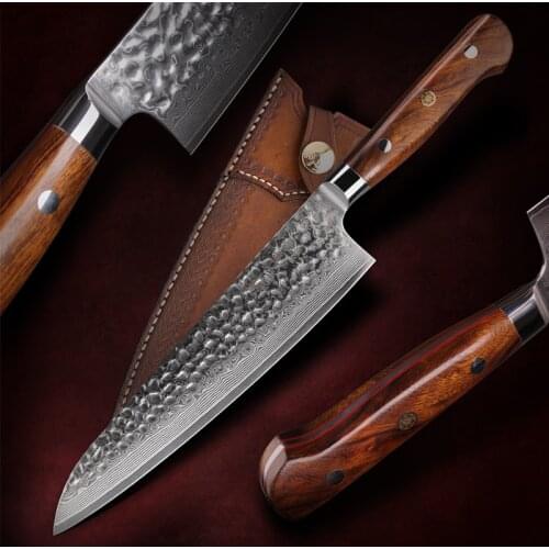 FZIZUO 8.5"Chef Knife VG10 Damascus Steel Full Tang Kitchen Knives Stainless Steel Knife With Handmade Carved Leather Sheath