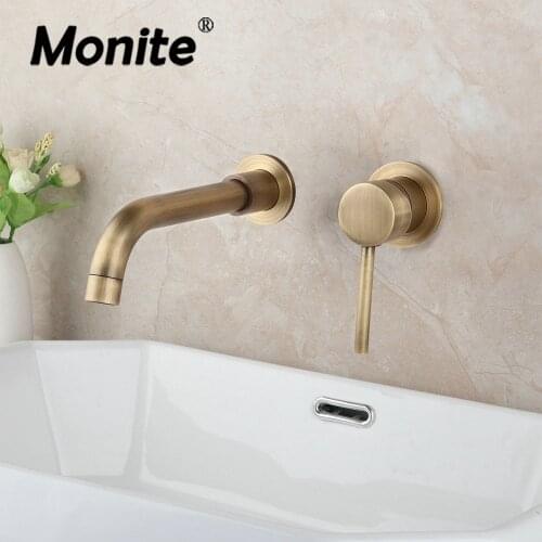 Monite Antique Brass Bathroom Faucet Joint Pipe Wall Mounted Bathtub Shower Faucet Solid Brass Mixer Tap 1 Handle Control