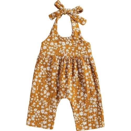 2021 0-24M Summer Infant Baby Girl Romper Floral Print Sleeveless Loose Jumpsuit Halter Backless Playsuit Cotton Linen Clothes