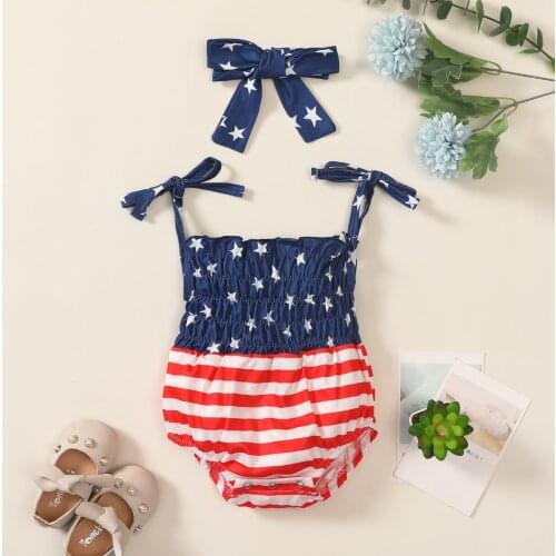 Baby Girl’s Tie-up Suspender Romper Fashion Independence Day Print Jumpsuits and Headband