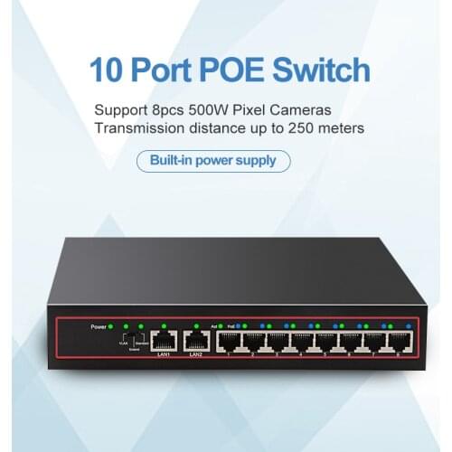 10Port POE Ethernet Switch 48V VLAN 10/100Mbps IEEE 802.3 af/at Network Switch for CCTV IP Camera Wireless AP 250M