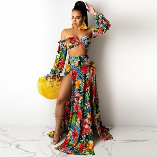Floral Leaves Print Two Piece Dress Set Summer Vacation Outfits Slash Neck Lantern Sleeve Crop Tops+side High Split Maxi Skirt