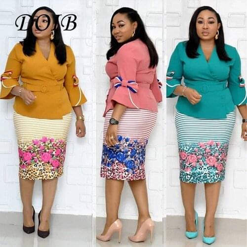 African Dress for Women Floral Print Bow Patchwork Flare Sleeve Office Ladies Plus Size Dress Autumn African Style Dress