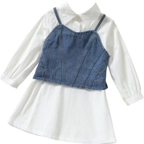 2021-07-09 Lioraitiin 1-7Years Toddler Girl 2Pcs Fall Outfits Solid Long Sleeve Button Down Shirt Dress Denim Camisole Set