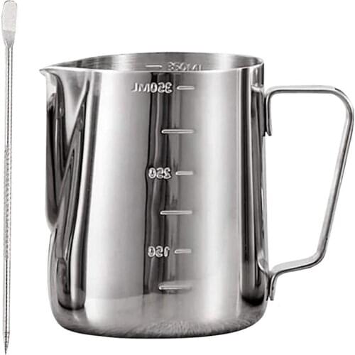 Stainless Steel Milk Frothing Pitcher, Measurements on Both Sides Inside, Milk Jug Cup with Decorating Pen