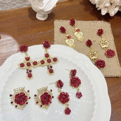 MENGJIQIAO Vintage Palace Style Gold Red Flower Drop Earrings Pendientes Mujer Moda Elegant Gold Color Metal Heart Jewelry Gifts