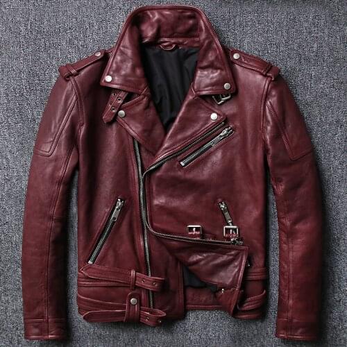 2020 Men Genuine Motorcycle Leather Jacket Tanned Vintage Goatskin Red Slim Oblique zipper Biker Jackets