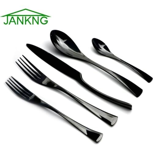 JANKNG 5/ 20 Piece Stainless Steel Dinnerware Set Black Cutlery Set Knife Fork Dessert Fork Teaspoon Dinnerware Silver Flatware
