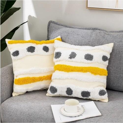 Yellow Stripe Embroidery Cushion Cover Grey Dot Geometric Cover 45x45cm Square Decorative PillowCae Pillow Canvas Cotton